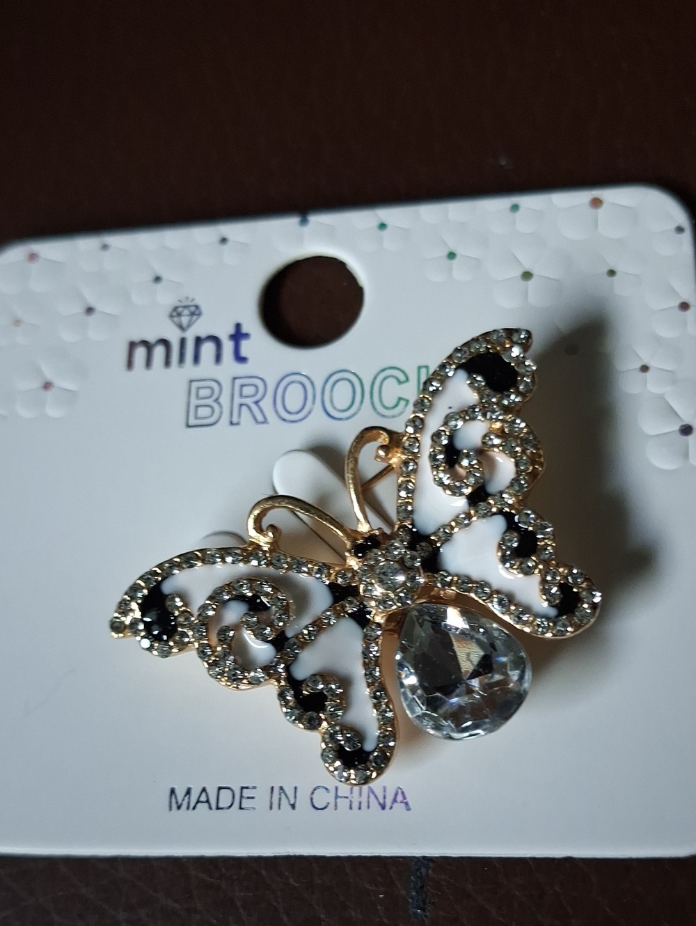 Mint White and Gold Filigree Butterfly Brooch with Clear Crystal